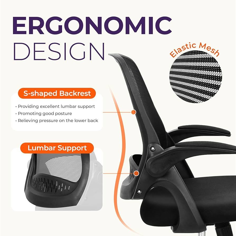 NEO Chair Office Desk Gaming Chair Computer High Back Mesh Seat with Rolling Wheels Ergonomic Adjustable Comfy Flip-up Armrests Lumbar Support Height for Home (Black) image 4
