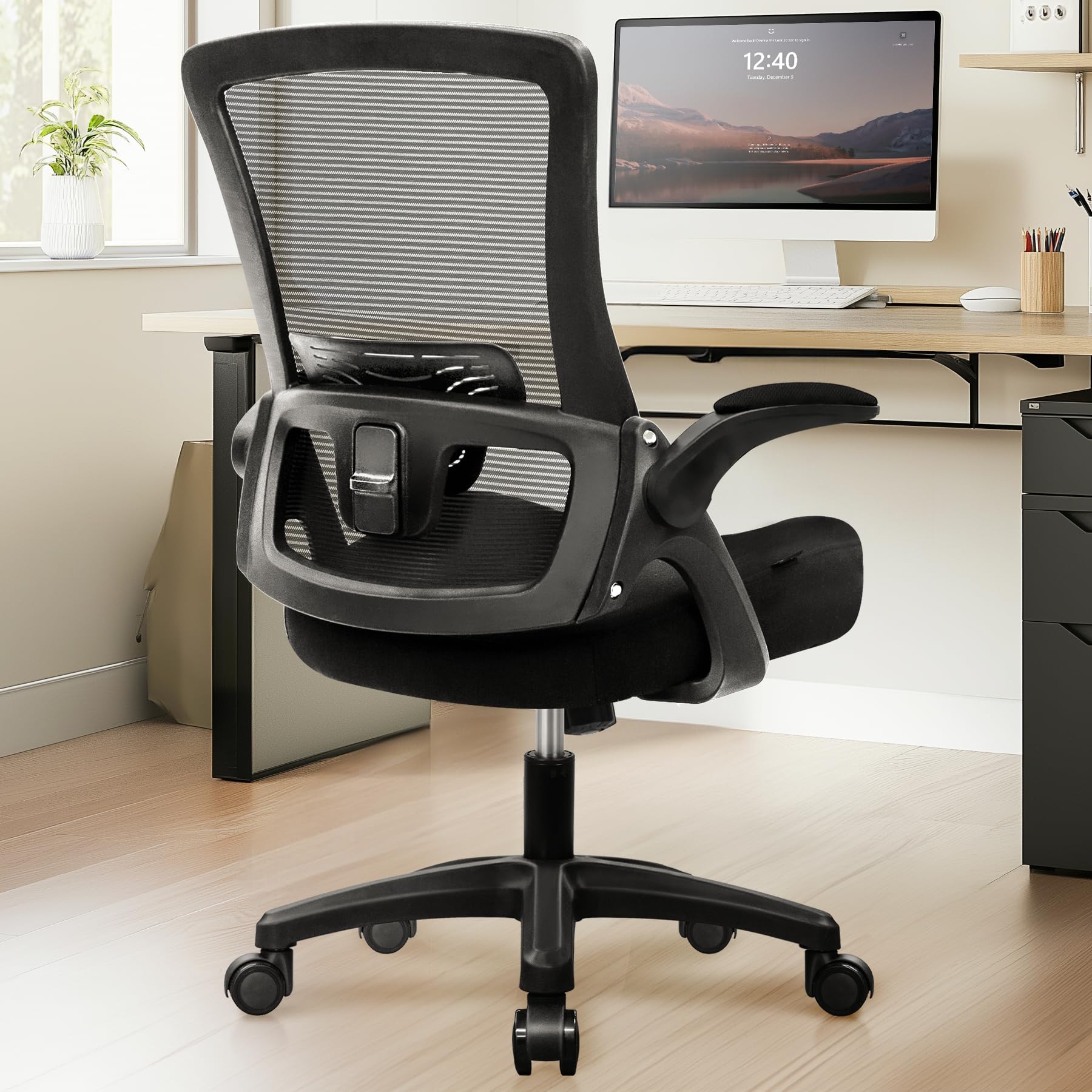 NEO Chair Office Desk Gaming Chair Computer High Back Mesh Seat with Rolling Wheels Ergonomic Adjustable Comfy Flip-up Armrests Lumbar Support Height for Home (Black) image 1